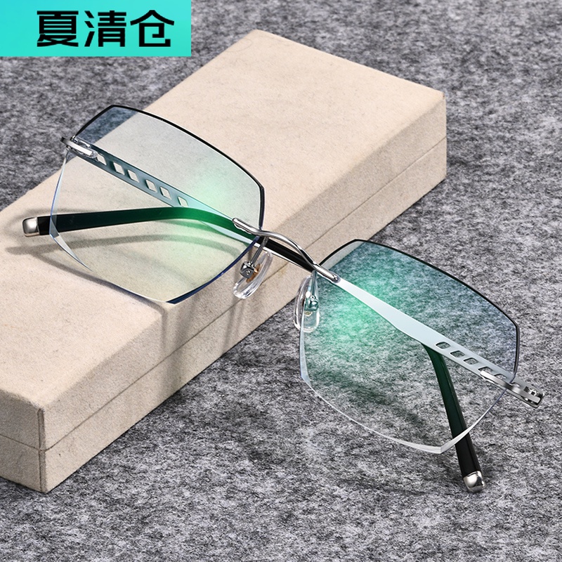 配无框纯钛近视眼镜男款 潮有可配度数眼镜框大R脸框变色网红成品