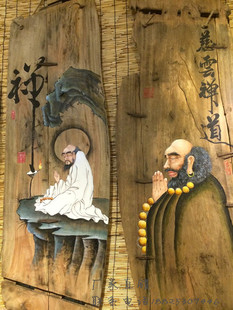 达摩做旧挂画风化木装饰画壁饰客厅手绘木板画创意画古典