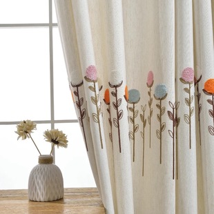 韩式田园清新绿色棉麻遮光窗帘女孩房客厅卧室飘窗绣花花朵纱帘