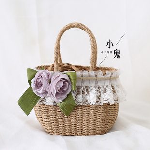 新款森系文艺手工草编包花朵海边度假夏手提包藤编包编.织包女篮