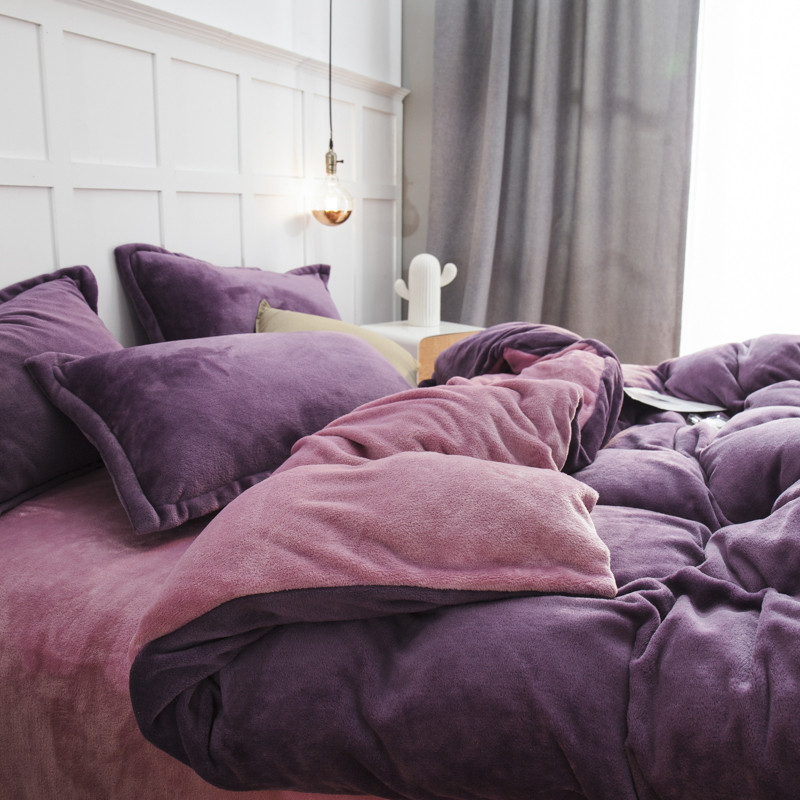 法兰绒四件套f 冬天毛珊瑚绒双面加绒床单笠加厚保暖紫色 1.5米床