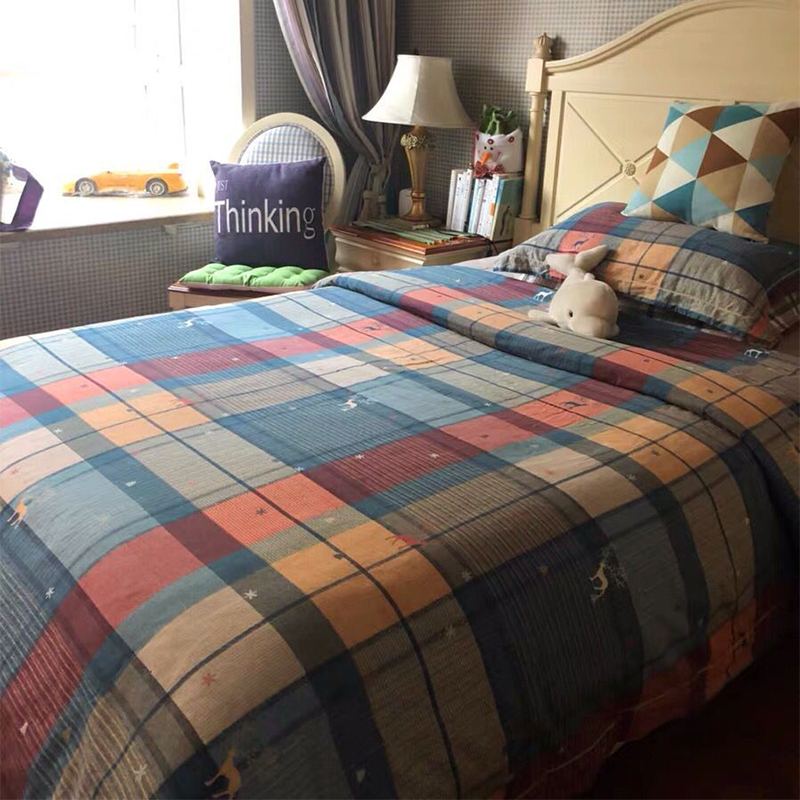 全棉加厚简约磨毛80支四件套被套床单出口欧美格子保暖床上用品