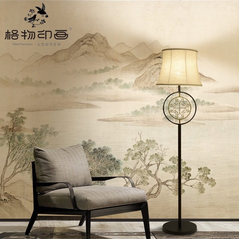 现代中式意境淡i雅水墨湖山春暖沙发背景墙纸壁布书房卧室定制壁