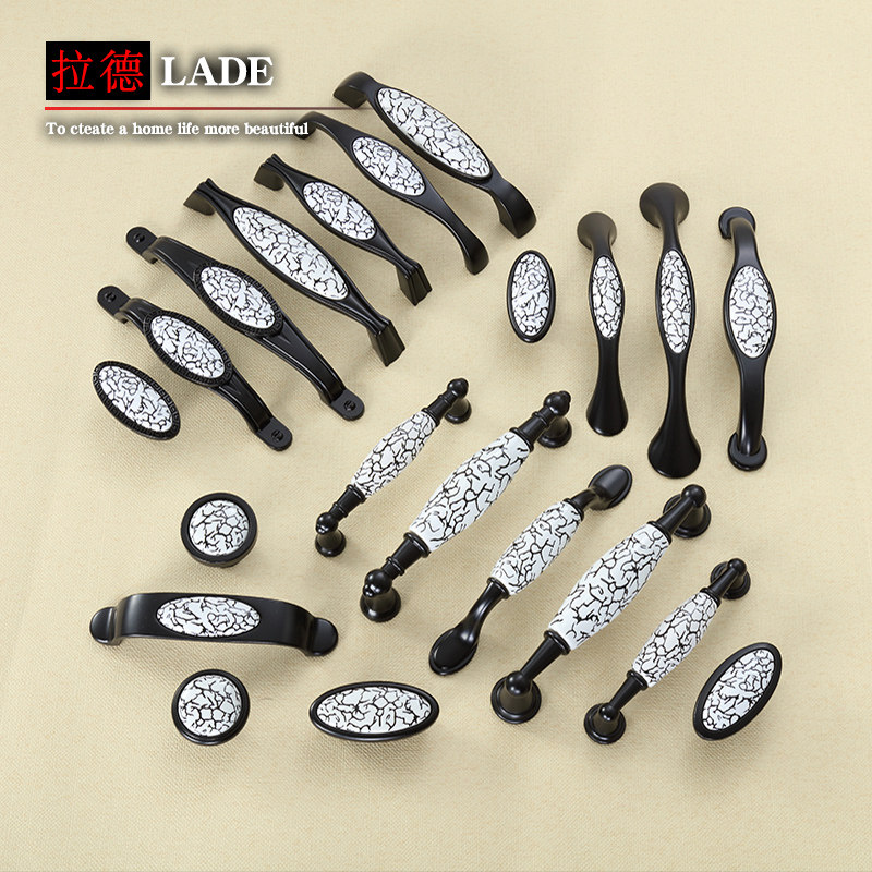 柜门拉手北欧轻奢衣柜橱柜黑色裂纹陶瓷锌合金拉手简约抽屉把手