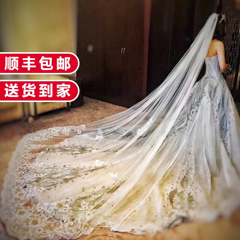 2021新款新娘结婚亮片超长4米5米头纱韩式大拖尾婚纱头饰头纱超仙