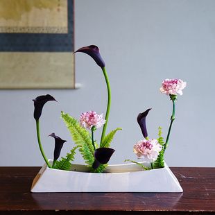 小原流排列新样h式陶瓷船型花器禅意日式插花器皿花道插花花盆花