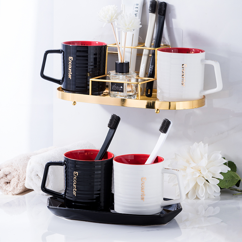 黑白个性情侣一对创意家用陶瓷牙刷杯牙缸洗漱口杯子套装置物架