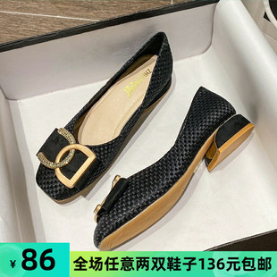 2021春新款h网红浅口百搭晚晚风温柔鞋粗跟中跟单鞋大码女鞋41一4