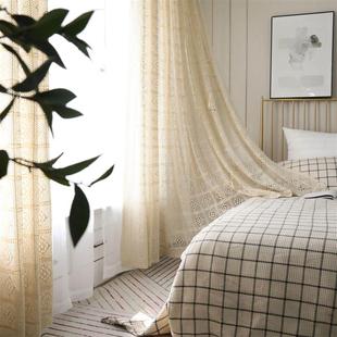 书房摄影装 透光公主帘素色复古n镂空窗帘钩针钩花美式 饰落地飘窗