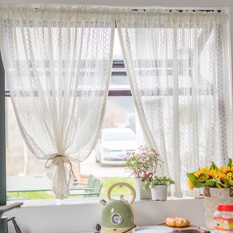 美式乡村蕾丝半帘纱帘北欧日式文艺免打孔短帘隔断门帘飘窗窗帘