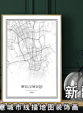 新疆乌鲁木齐艺术创意线描黑白城市地图饰画民宿挂画画