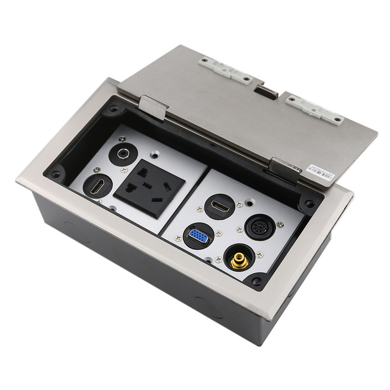 银色不锈钢开启式地插8型面板HDMI音频舞台多媒体地面插座