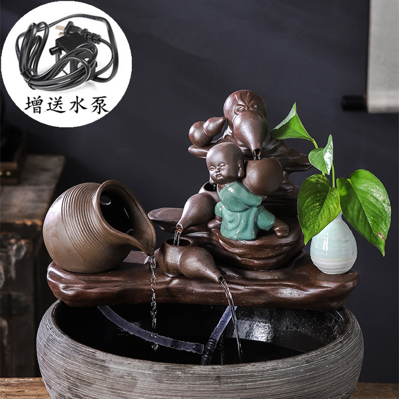 陶瓷自动循环鱼缸流水增氧加湿过滤器摆件养鱼盆喷泉室内家用造景
