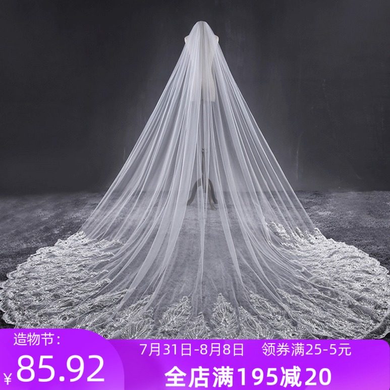 新款韩式浪漫蕾丝长拖尾镶t嵌水钻软纱头纱3.8米超长新娘结婚头纱