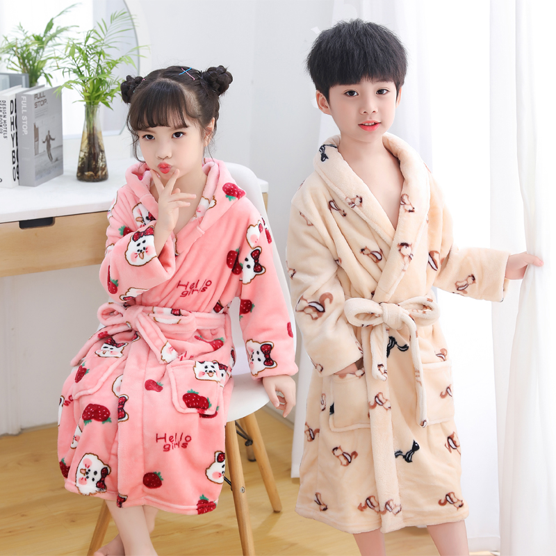 儿童睡袍男童女童珊瑚绒法兰绒男孩中大童冬加长款浴袍Z睡衣家居