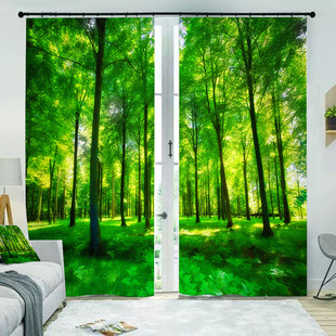 定制个性北欧3D立体风景树林绿树绿色森林卧室客厅窗台短帘窗帘