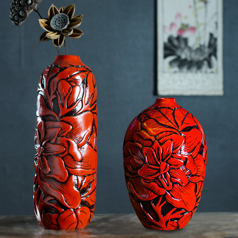 中式现代双耳如意红花漆r器花瓶树脂工艺花器新房家居装饰摆件婚