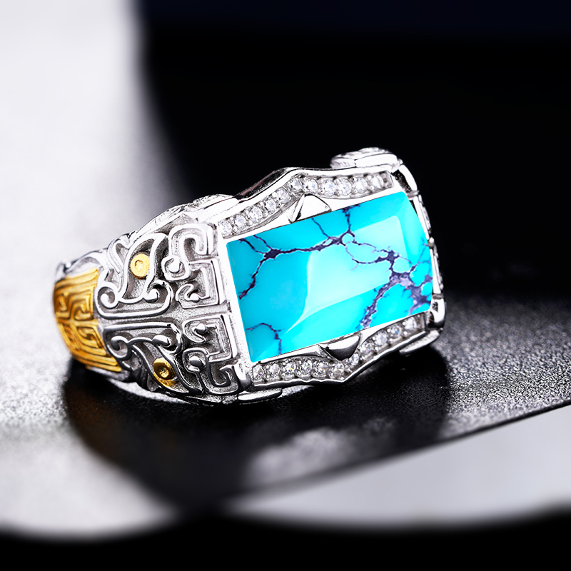 S925银戒指空托方银饰民族风镶嵌绿松石蜜蜡开口男N戒托 7*12 9*1