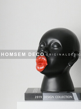 北欧轻奢风格烈焰红唇头s雕塑样板房间售楼处大堂陈设抽象人物摆