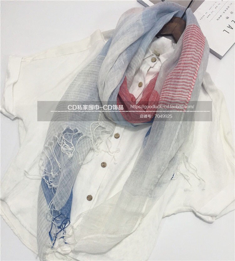 出口日本 100% 纯亚麻围巾丝巾春夏清新条纹格女披肩防晒两用长款