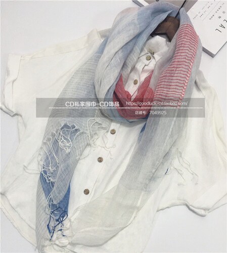 出口日本 100% 纯亚麻围巾丝巾春夏清新条纹格女披肩防晒两用长款