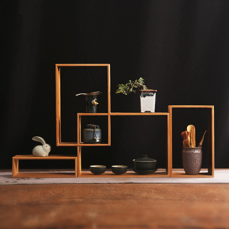 简约现代竹博古架 多宝阁盆景摆件D实木小展示柜 茶具茶杯收纳组