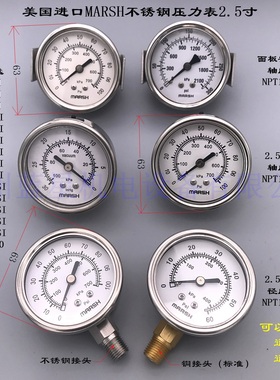 美国Marsh不锈钢压力表15 30PSI 100PSI 300 600 1000 3000 2.5寸
