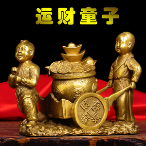 纯铜运财童子推车 挑财送财摆件 招财招贵人家居装Z饰开业礼品