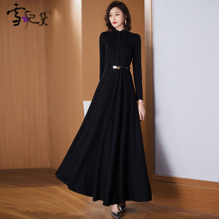 秋季 到脚踝2021年新款 气质显瘦黑色超长裙子 连衣裙女长款 春秋长袖