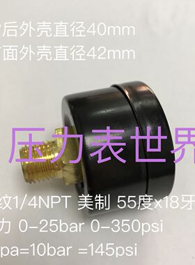 轴向压力表 Y-40Z 0-25bar 0-350psi 美制螺纹 NPT1/4 直径40mm