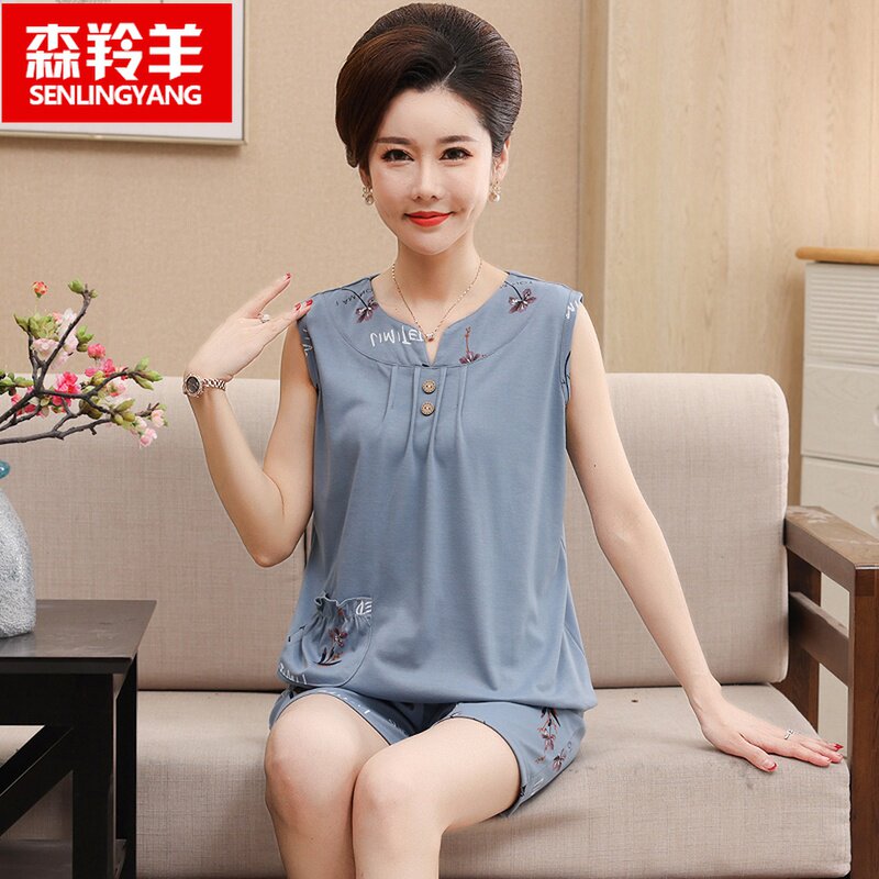 新款睡衣女士夏季纯棉背心短裤家居服可外穿夏天薄款无袖加肥大码
