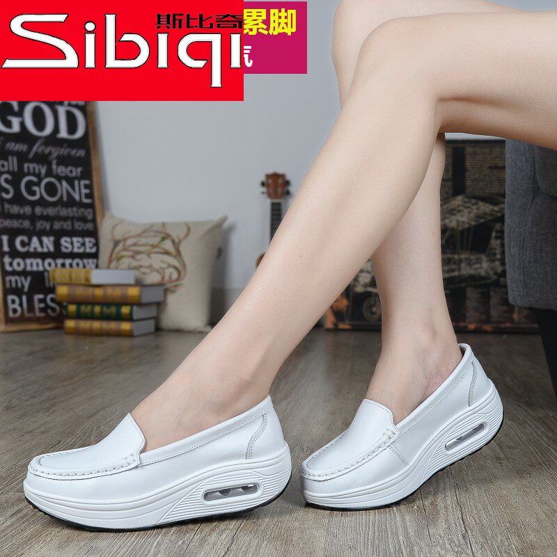 真皮气垫护士鞋女软底透气不累脚白色夏天季松糕摇摇鞋女舒适厚底
