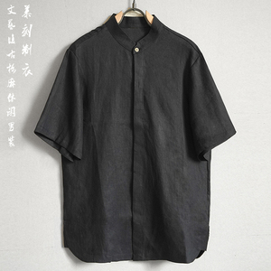 夏季亚麻薄款休闲短袖衬衫中式青年复古立领潮流男士半袖麻料上衣