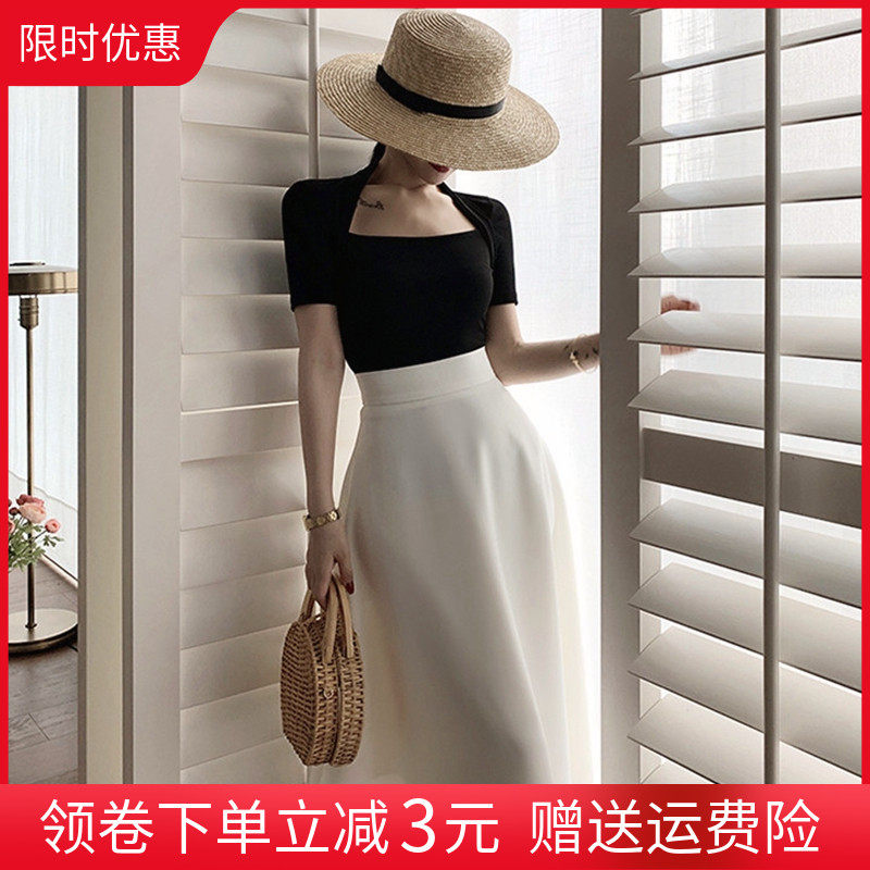 大码赫本风伞裙白色半身裙女夏中长款高腰遮胯显瘦气质法式长裙子
