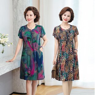 大码 中老年女装 宽松洋气裙子40岁50岁 棉绸连衣裙女中长款 妈妈夏季