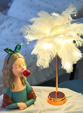 网红羽毛台灯摆件北欧卧室床头灯C女生房间布置浪漫温馨少女心礼