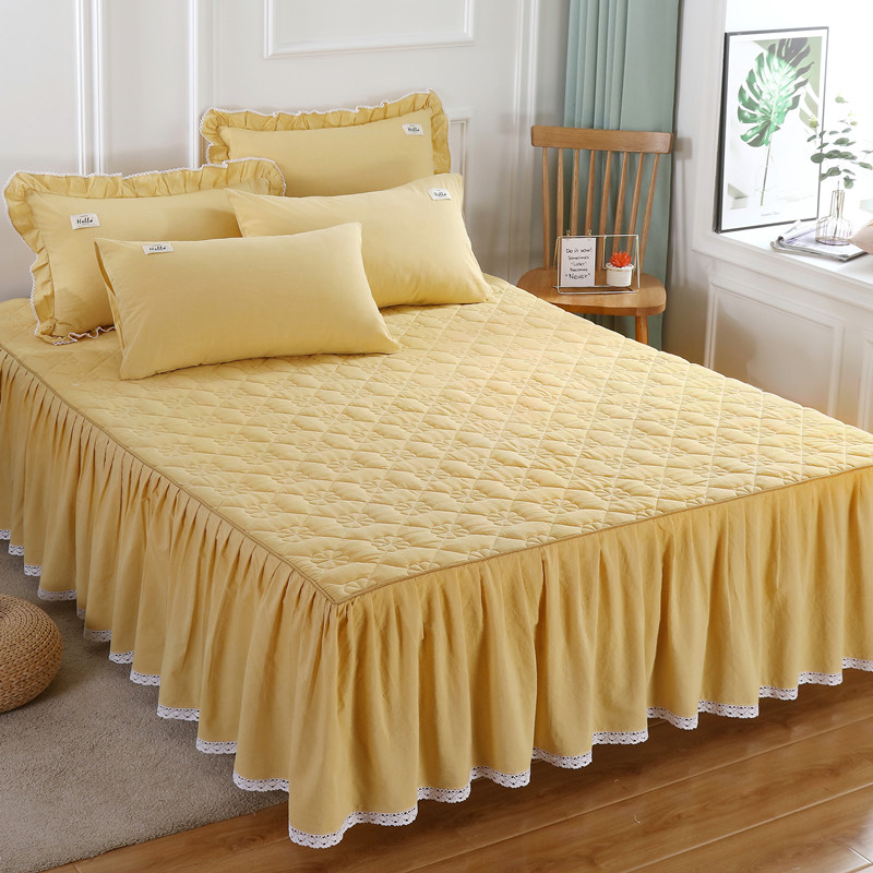 全棉加厚色织水洗棉床裙纯色夹棉花边床围裙罩床套保护套2021新款