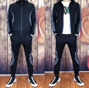 T011男士秋季休闲运动套装连帽开衫外头小脚卫裤两件套时尚百搭帅