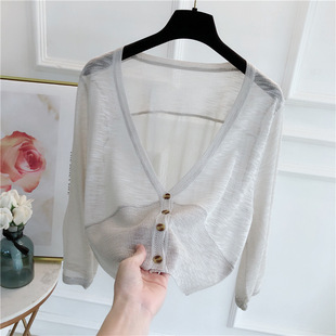 超薄亚麻开衫 深V领短款 长袖 空调衫 外搭上衣 披肩防晒衫 2020夏新品