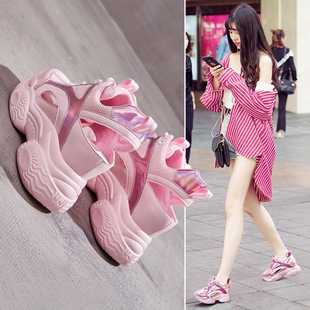 厚底松糕Q百搭高跟坡跟内增 2020新款 网红凉鞋 女超火包头运动夏季