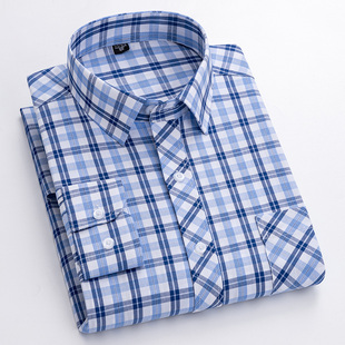 中年爸爸装 2021夏季 男长袖 全棉衬衫 免烫抗皱纯棉青年格子衬衣 薄款