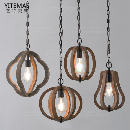 美式乡村餐厅吊灯实木复古原木色吧台灯具过道阳台玄关床头小吊灯
