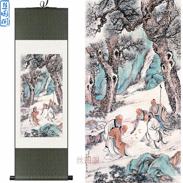 五老图人物画 h丝绸画 书房茶馆中式装饰画 卷轴画挂画 已装裱图片