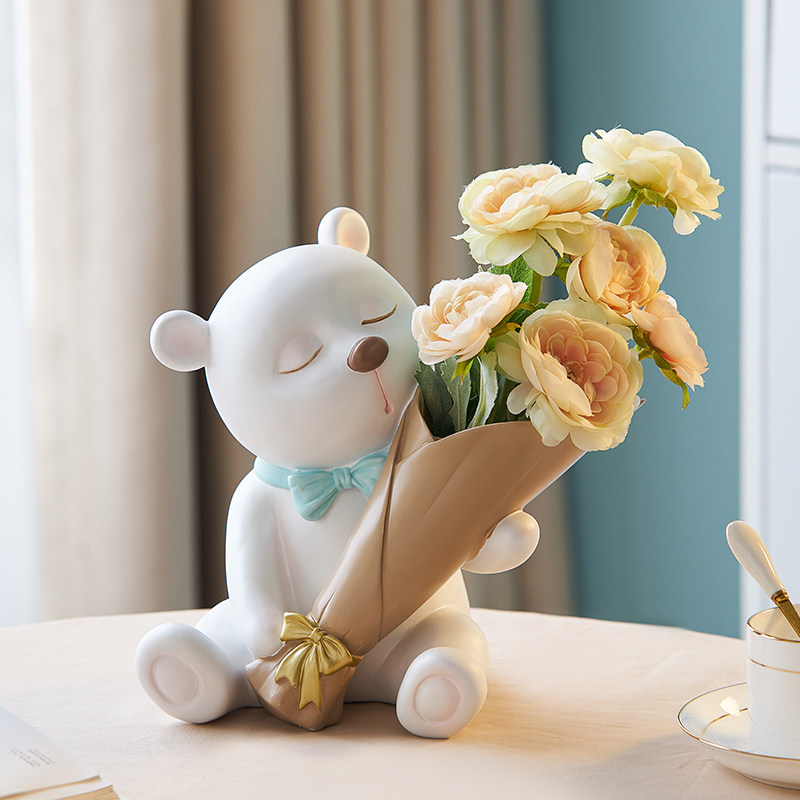 北欧小熊捧花花瓶摆件客厅插花干花餐桌玫瑰花装饰品小众现代简约