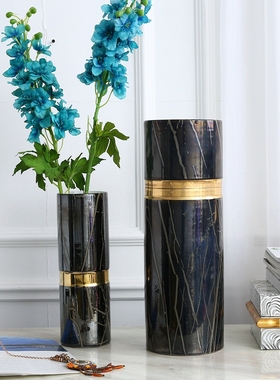 现代轻奢样板房花器高温陶瓷贴花C直身花插干花花瓶新古典软装饰