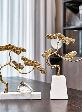 新中式禅意摆f件别墅样板间软装饰品玄关大理石纯铜松树家居饰品