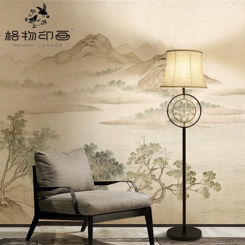 现代中式意境淡雅水墨湖山春暖沙发背景墙纸壁布书房卧室定制壁画