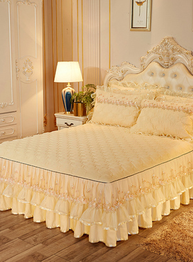欧式夹棉床裙加厚裙式床罩单件x蕾丝花边纱1.8m床套保护罩防滑夏
