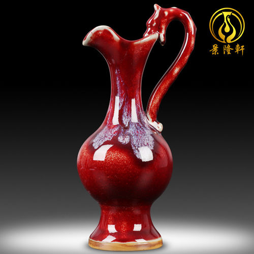 陶瓷小花瓶仿古窑k变红色钧瓷中式家居装饰品客厅插花器工艺品摆