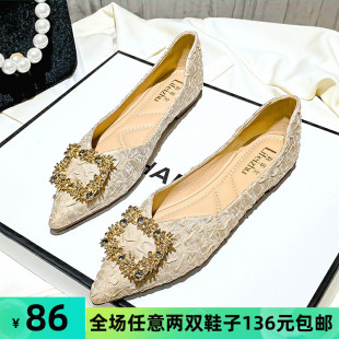 尖头单鞋女秋百g搭浅口2021新款温柔鞋仙女平底瓢鞋大码女鞋41一4